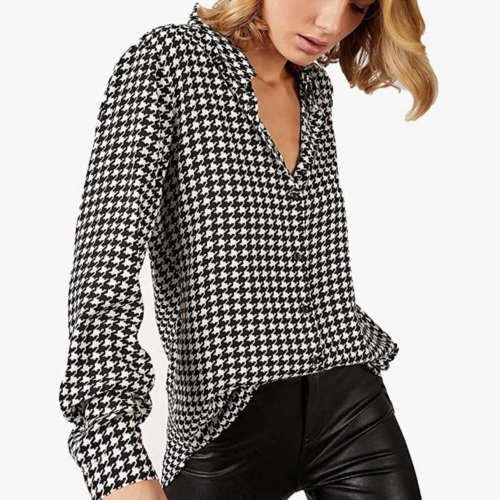 NEW Big Dart Classic Houndstooth Longline Modern Button Down Collared Blouse L